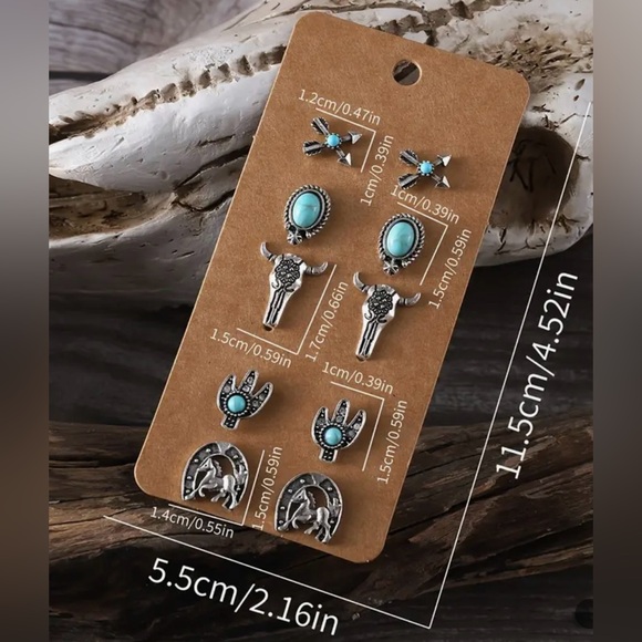 NEW Earrings, Vintage Silvery Look, Western, Faux Turquoise, 5 Sets of Earrings - Picture 2 of 2
